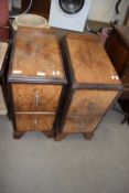 PAIR OF ART DECO STYLE WALNUT VENEERED TWO DRAWER BEDSIDE CABINETS, 29CM WIDE