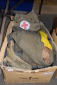BOX OF VINTAGE CLOTHING TO INCLUDE TWEED JACKET, ROYAL MILITARY POLICE JACKET AND MANY OTHER ITEMS