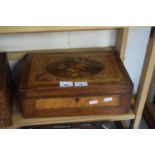 19TH CENTURY HARDWOOD BOX OF HINGED RECTANGULAR FORM, THE LID INLAID WITH DECORATION OF BIRDS ON A