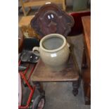 VICTORIAN HALL CHAIR AND A GREY GLAZED STONEWARE JAR (2)