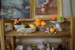 COLLECTION OF CERAMIC VASES AND BASKETS OF FRUIT PLUS A FURTHER SIMILAR CANDLESTICK
