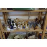 VARIOUS DECORATIVE BELLS, FLORAL DECORATED CRUET, ANIMAL ORNAMENTS ETC