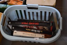 BOX OF MIXED HOUSEHOLD ITEMS TO INCLUDE GRAND PRIX AND JOHN WAYNE DVD COLLECTION