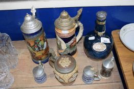 MIXED LOT: BEER STEIN, CONDIMENT POTS, AND A WADE WHISKY BOTTLE