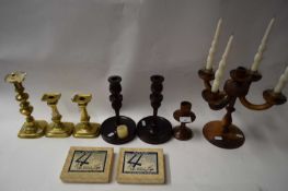 VARIOUS BRASS AND WOOD CANDLESTICKS