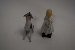 DRESDEN MODEL OF A TERRIER TOGETHER WITH A ROYAL DOULTON FIGURINE 'BEDTIME' (2)