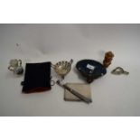 MIXED LOT OF SMALL WHITE METAL BON-BON DISH, CIGARETTE CASE, ROBERTSONS JAM BADGES, NOVELTY BOTTLE