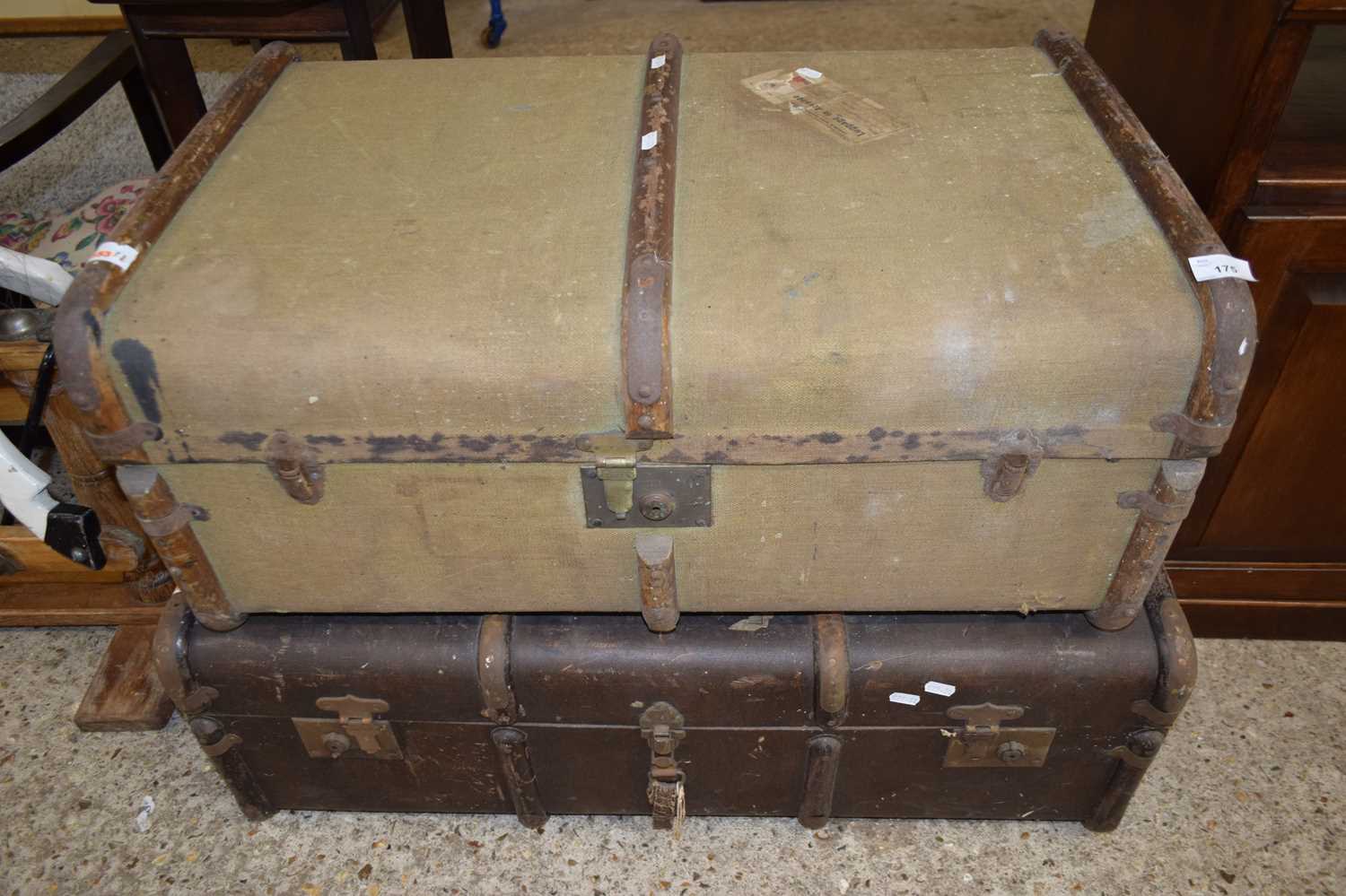 TWO VINTAGE WOODEN BOUND TRAVEL TRUNKS