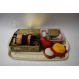 TRAY OF VARIOUS SEWING SUPPLIES INCLUDING TIN OF MIXED THREADS AND YARNS, VARIOUS PIN CUSHIONS ETC