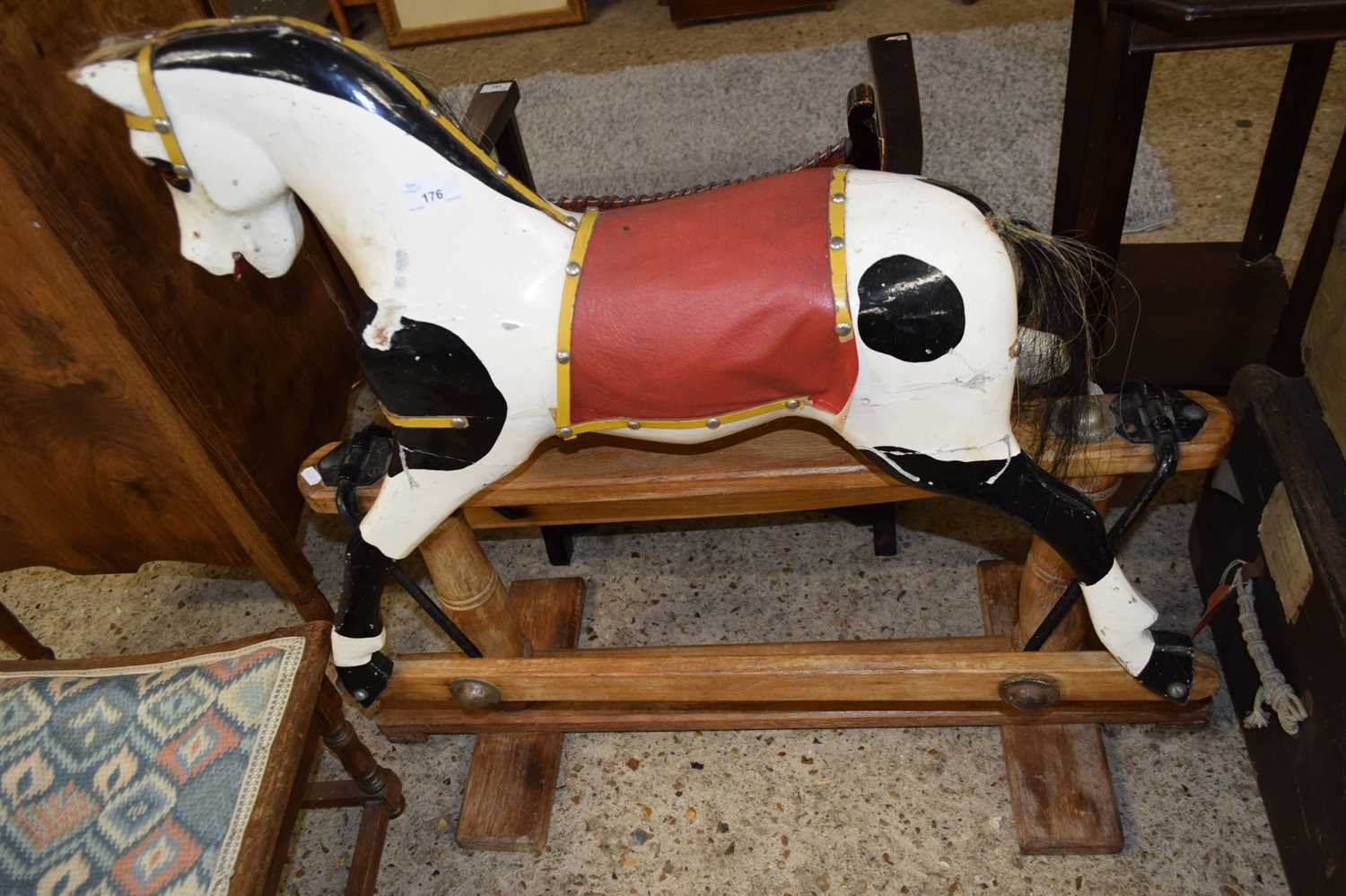 VINTAGE PAINTED WOODEN ROCKING HORSE, TOTAL LENGTH APPROX 80CM