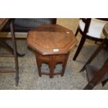 INDIAN OCTAGONAL TOP AND BRASS INLAID OCCASIONAL TABLE WITH FOLDING BASE, 45CM WIDE