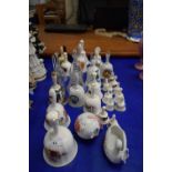COLLECTION OF VARIOUS CERAMIC AND GLASS DECORATIVE BELLS ETC