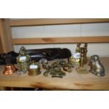 MIXED LOT OF SMALL BRASS ORNAMENTS, TABLE BELLS, AND A FURTHER ETHNIC HARDWOOD MASK