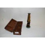 LACQUERED BRASS MONOCULAR MICROSCOPE, UNSIGNED, 20CM HIGH TOGETHER WITH A HARDWOOD CASE