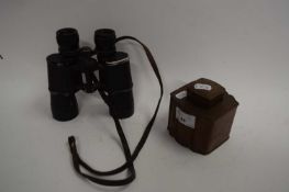 PAIR OF VINTAGE 8X40 BINOCULARS TOGETHER WITH A SMALL 19TH CENTURY COPPER TEA CADDY
