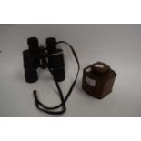 PAIR OF VINTAGE 8X40 BINOCULARS TOGETHER WITH A SMALL 19TH CENTURY COPPER TEA CADDY