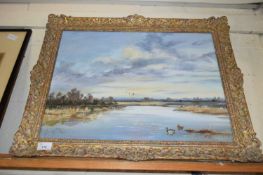 VALERIE JAMES, BROADLAND SCENE, OIL ON BOARD, GILT FRAME