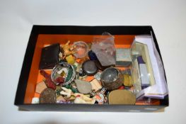 BOX OF MIXED COSTUME JEWELLERY, SMALL ORNAMENTS AND OTHER ITEMS