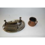 MIXED METAL WARES TO INCLUDE SILVER PLATED TRAYS, VIKING BOAT, FLOWER VASE ETC