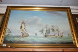 LARGE COLOURED PRINT, NAVAL WARSHIPS, GILT FRAMED