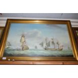 LARGE COLOURED PRINT, NAVAL WARSHIPS, GILT FRAMED