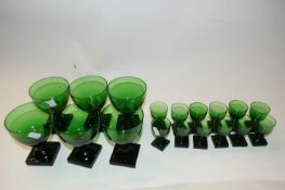 COLLECTION OF 19TH CENTURY GREEN GLASS WARES COMPRISING SIX RUMMERS WITH SQUARE BASES TOGETHER