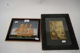 3D WOOD CUT OUT PICTURE OF A TALL SHIP, TOGETHER WITH A FURTHER COLOURED PRINT