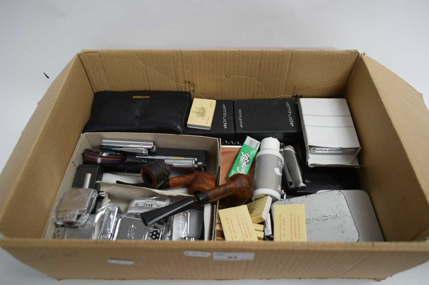 BOX OF MIXED TOBACCO PIPES, CIGARETTE LIGHTERS, MATCHES ETC