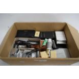 BOX OF MIXED TOBACCO PIPES, CIGARETTE LIGHTERS, MATCHES ETC