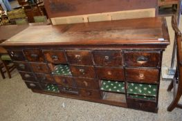 LARGE 19TH CENTURY SHOP BANK OF DRAWERS CABINET WITH LATER HARDWOOD TOP, SOME DRAWERS MISSING (