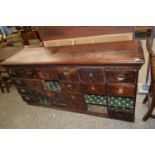 LARGE 19TH CENTURY SHOP BANK OF DRAWERS CABINET WITH LATER HARDWOOD TOP, SOME DRAWERS MISSING (