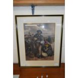 19th century lithographic print depicting china sellers with cart, f/g, 52cm high