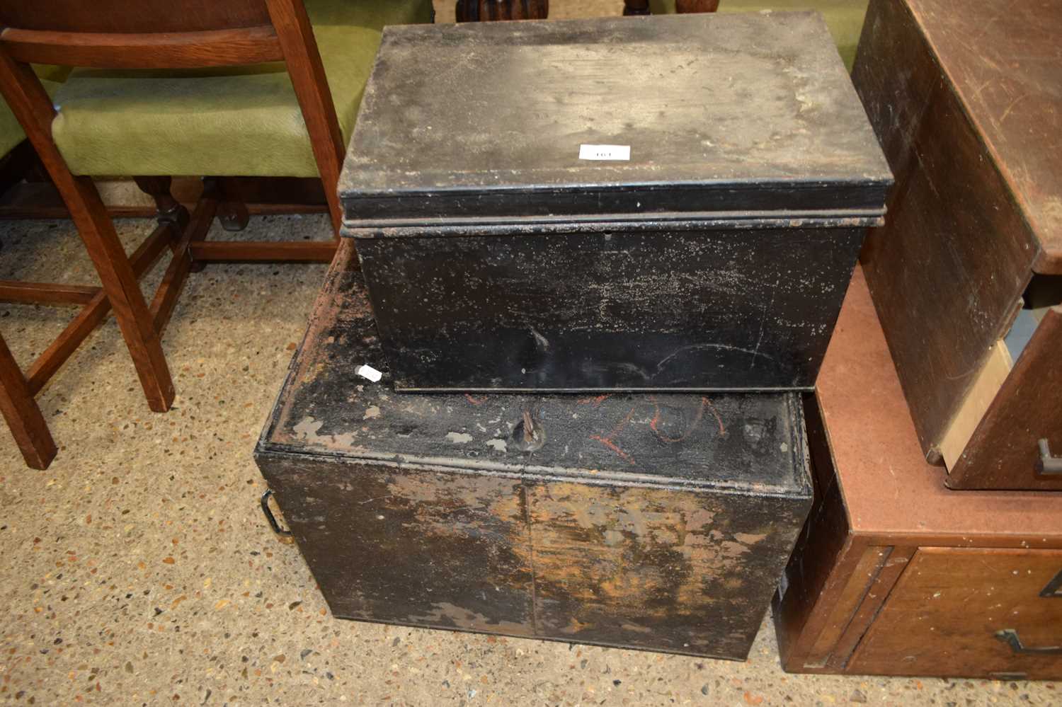 TWO METAL DEED BOXES, LARGEST 61CM WIDE