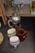 GERMAN BEER STEIN PLUS SMALL WADE POTTERY DECANTERS AND A TANKARD (4)