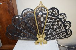 METAL PEACOCK SPARK GUARD AND A VINTAGE CAT BASKET