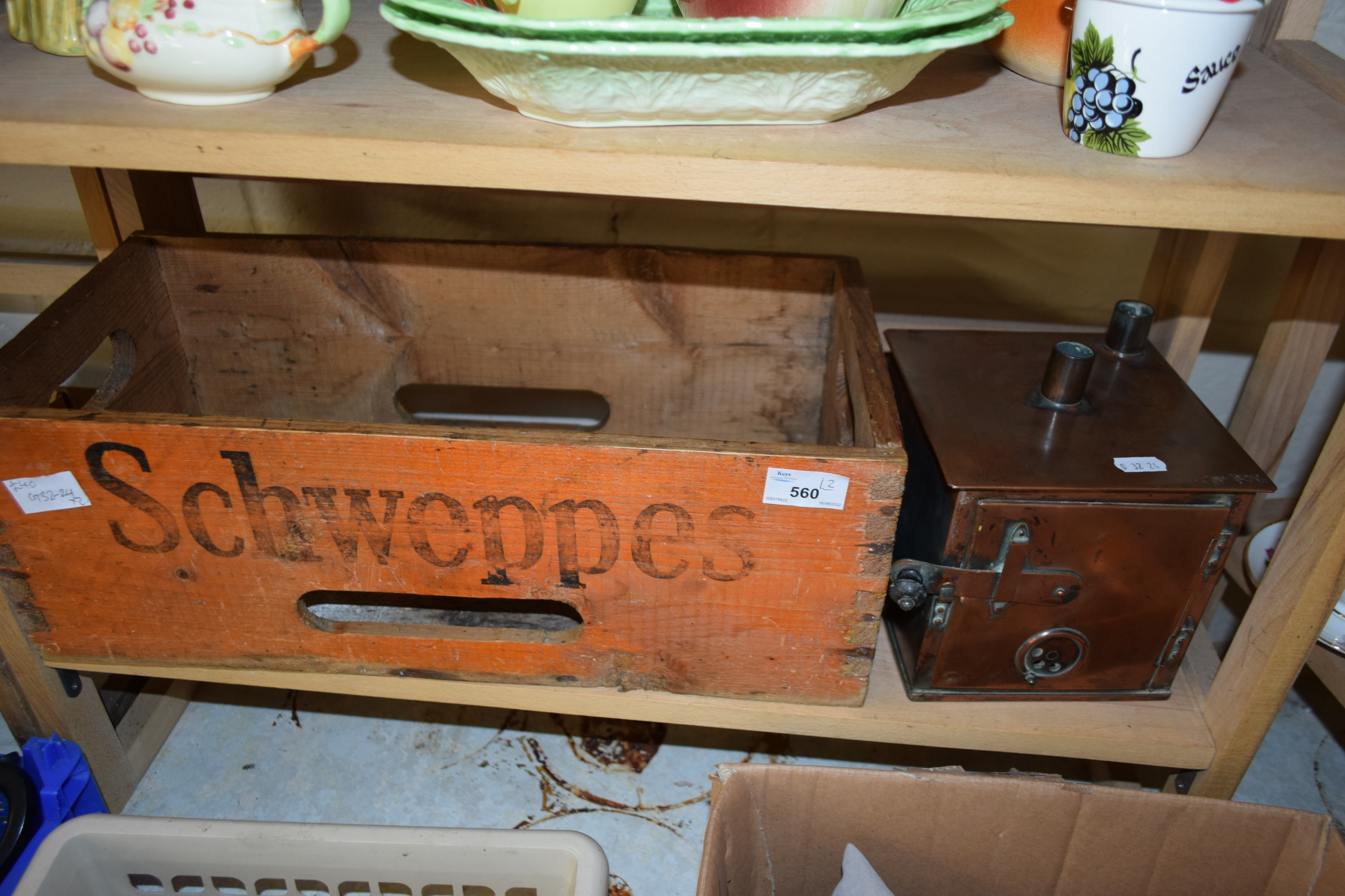 SMALL COPPER OVEN OR STERILISER OF SQUARE FORM, TOGETHER WITH A SCHWEPPES WOODEN BOTTLE CRATE - Image 2 of 2