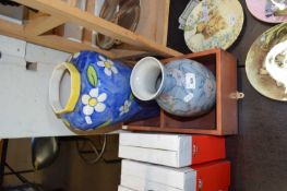 SMALL WALL SHELF AND TWO MODERN FLORAL PATTERNED VASES