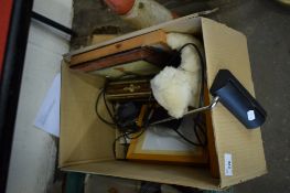 BOX OF MIXED PICTURES, DESK LAMP, GLASS WARE ETC