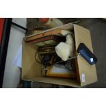 BOX OF MIXED PICTURES, DESK LAMP, GLASS WARE ETC