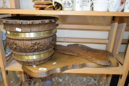 LARGE METAL BOUND JARDINIERE AND TWO WOODEN STANDS