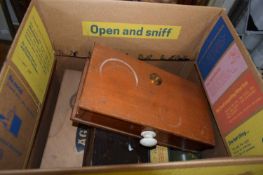 BOX OF MIXED ITEMS TO INCLUDE PLAYING CARDS, CIGARETTE LIGHTERS, WOODEN CANDLESTICK, TRAVELLING BEAM