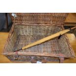 WICKER PICNIC HAMPER AND A VINTAGE UMBRELLA