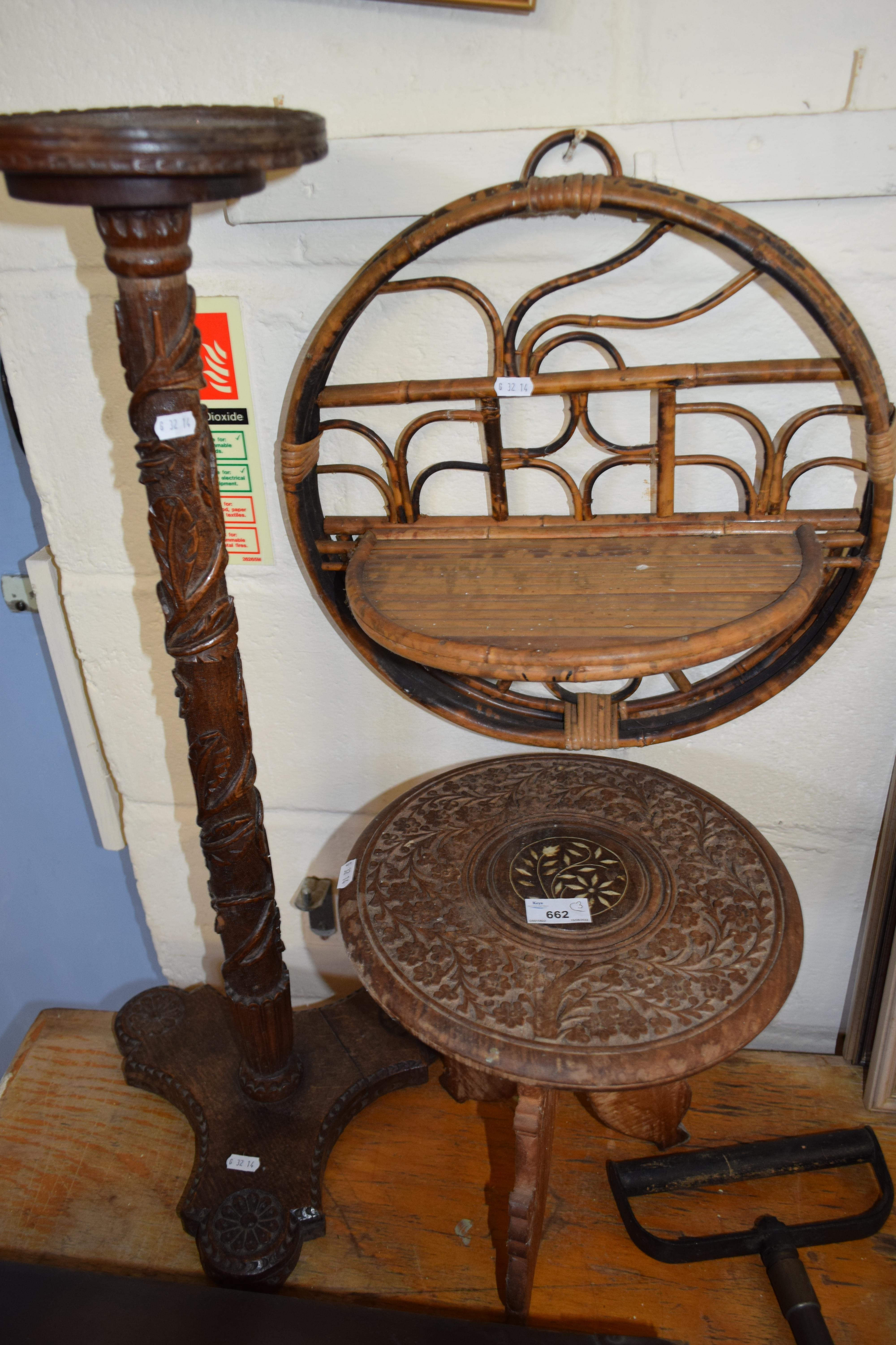 VINTAGE BAMBOO WALL SHELF, SMALL CARVED TABLE AND HARDWOOD PLANT STAND (3) - Image 2 of 2