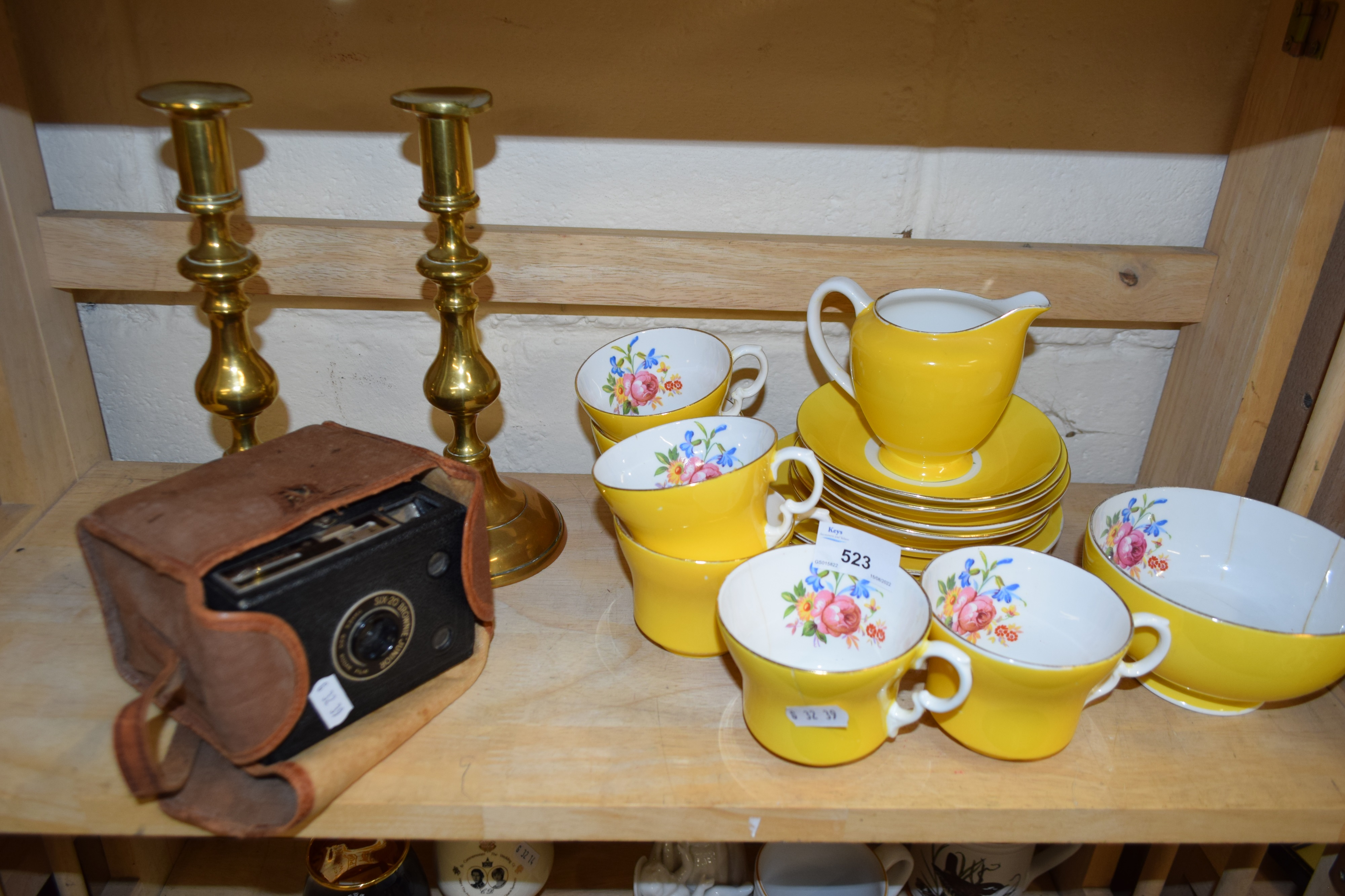 PAIR OF 19TH CENTURY BRASS CANDLESTICKS, KODAK BOX BROWNIE CAMERA AND A QUANTITY OF SALISBURY TEA