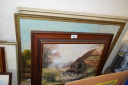 WATERCOLOUR STUDY, RIVERSIDE SCENE, TOGETHER WITH A FURTHER OIL ON BOARD, 'WATERING HORSES', AND A