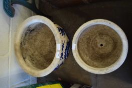 TWO CIRCULAR OUTDOOR PLANT POTS DECORATED WITH DRAGONS