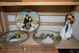 ROYAL DOULTON FIGURE 'BIDDY PENNY FARTHING' TOGETHER WITH THREE DOULTON PLATES (4)