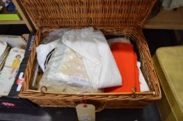 BASKET CONTAINING VARIOUS MIXED SEWING SUPPLIES AND OTHER ITEMS