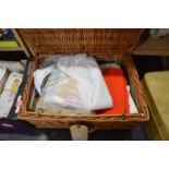 BASKET CONTAINING VARIOUS MIXED SEWING SUPPLIES AND OTHER ITEMS