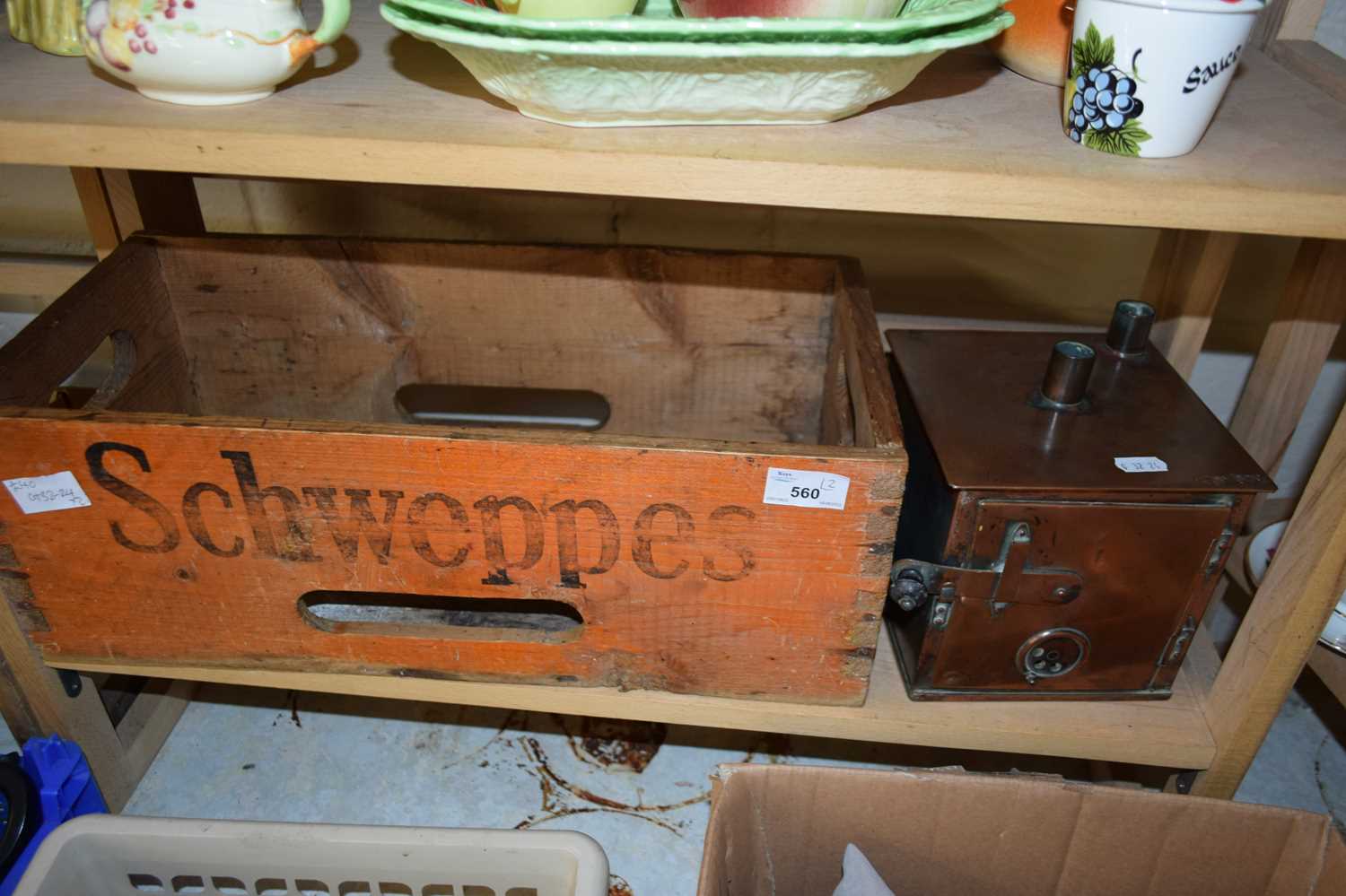 SMALL COPPER OVEN OR STERILISER OF SQUARE FORM, TOGETHER WITH A SCHWEPPES WOODEN BOTTLE CRATE